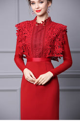 Laley Lace Long Sleeve Midi Dress In Red - PDC